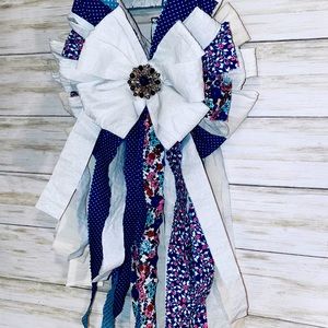 Blue and white rag bow